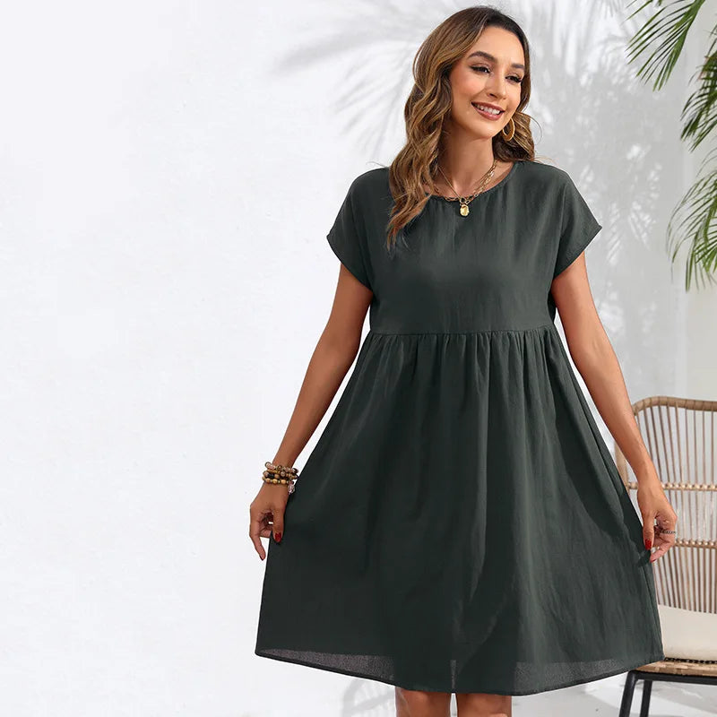 Casual Dresses- Women Cotton Linen Midi Dress for Any Setting- Dark gray- IndioGear.com