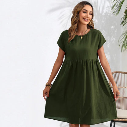 Casual Dresses- Women Cotton Linen Midi Dress for Any Setting- Military Green- IndioGear.com