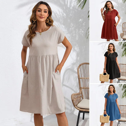 Casual Dresses- Women Cotton Linen Midi Dress for Any Setting- - IndioGear.com