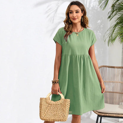 Casual Dresses- Women Cotton Linen Midi Dress for Any Setting- Green- IndioGear.com