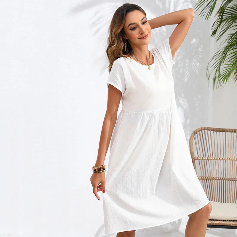 Casual Dresses- Women Cotton Linen Midi Dress for Any Setting- - IndioGear.com