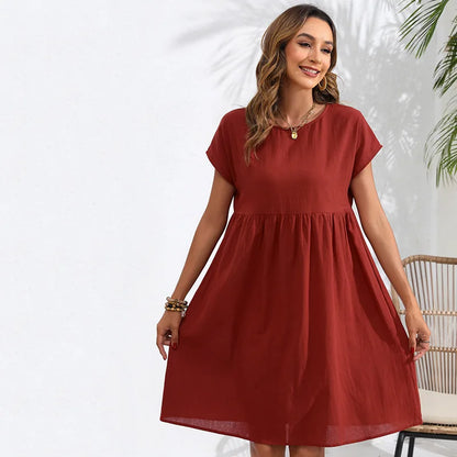 Casual Dresses- Women Cotton Linen Midi Dress for Any Setting- Rust- IndioGear.com