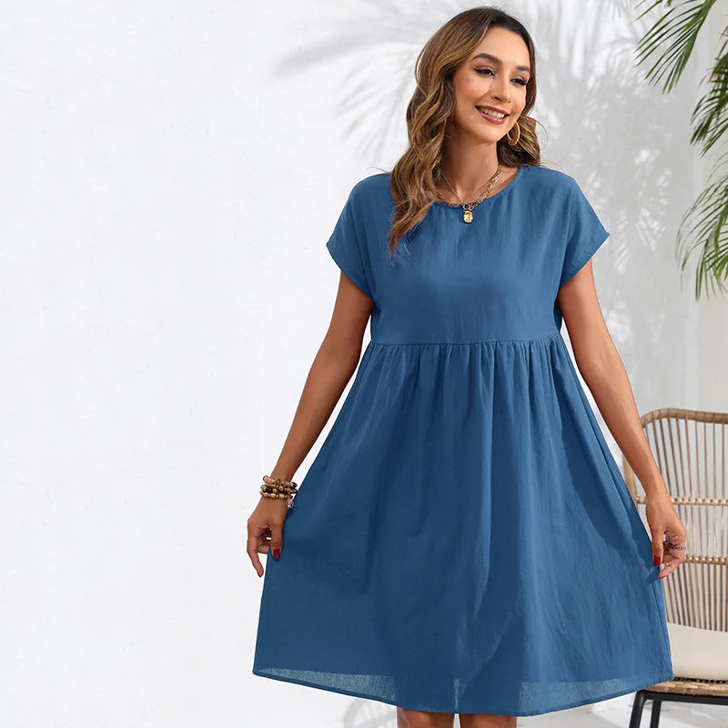 Casual Dresses- Women Cotton Linen Midi Dress for Any Setting- Blue- IndioGear.com