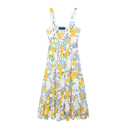 Casual Dresses- Women Floral Button-Up Midi Dress for Family Gatherings- Yellow Print- IndioGear.com