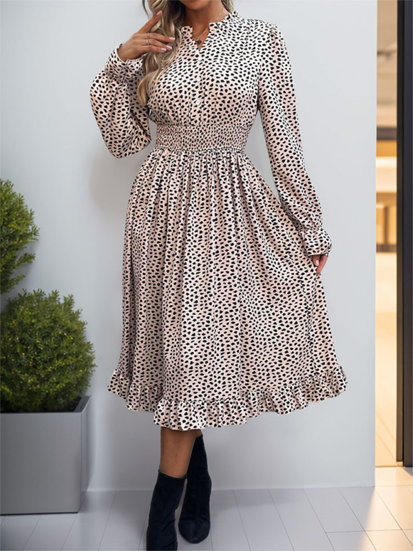 Casual Dresses- Women Lantern Sleeve Leopard Print Dress for Autumn Picnics- Khaki- IndioGear.com