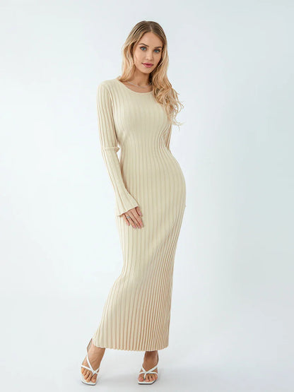 Casual Dresses- Women Ribbed Long Sleeve Dress with Back Tie- - IndioGear.com