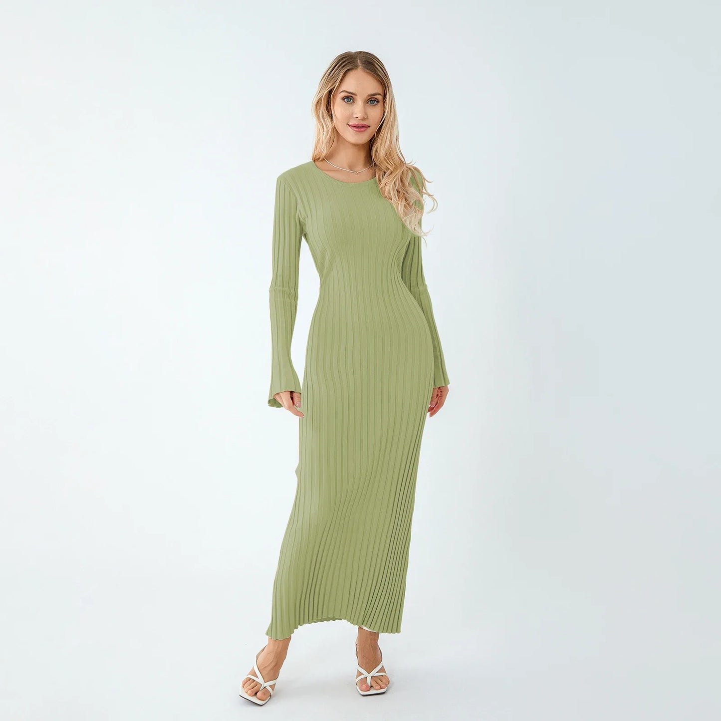 Casual Dresses- Women Ribbed Long Sleeve Dress with Back Tie- - IndioGear.com