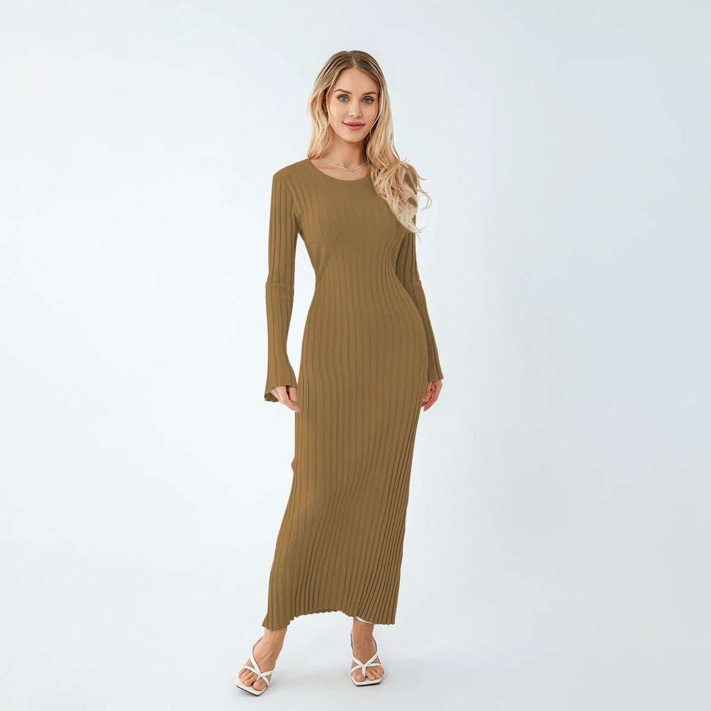 Casual Dresses- Women Ribbed Long Sleeve Dress with Back Tie- Camel- IndioGear.com