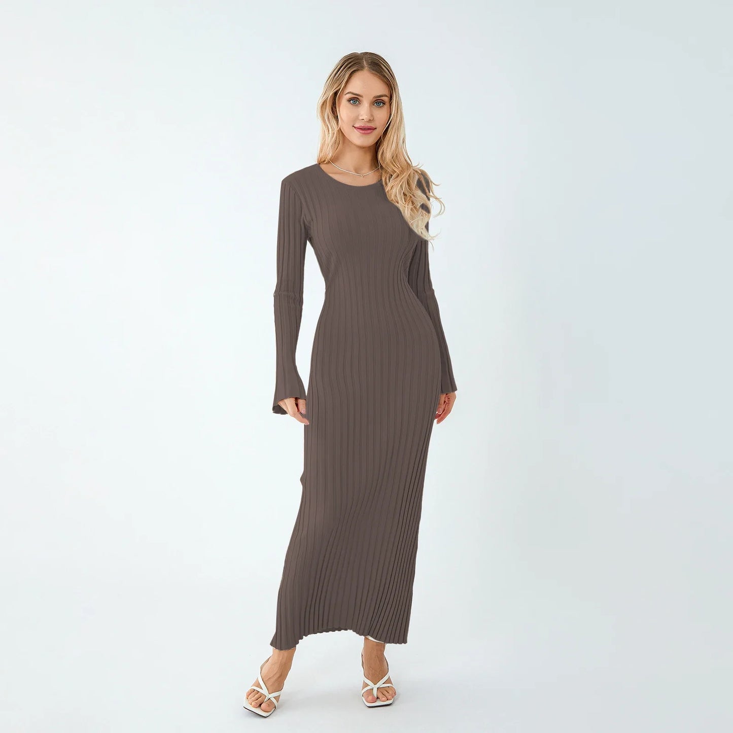 Casual Dresses- Women Ribbed Long Sleeve Dress with Back Tie- - IndioGear.com