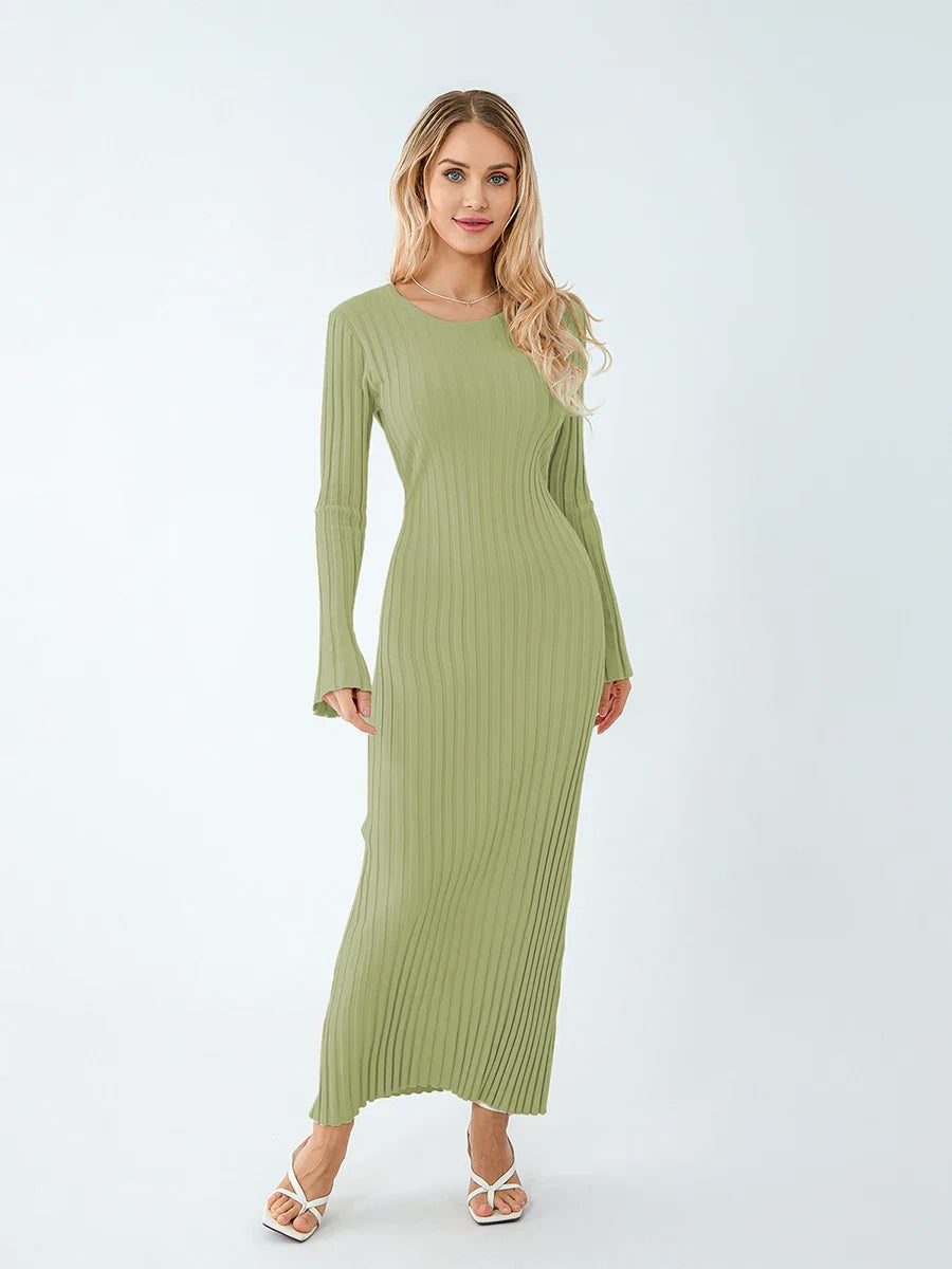 Casual Dresses- Women Ribbed Long Sleeve Dress with Back Tie- Green- IndioGear.com