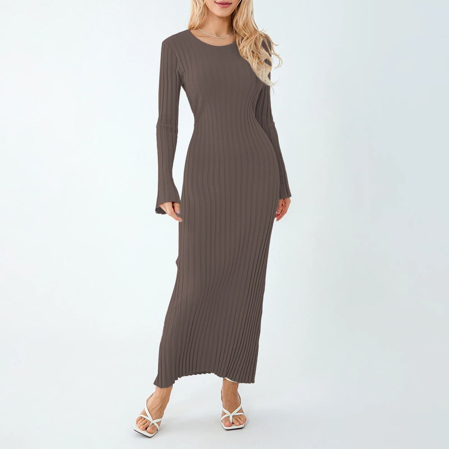 Casual Dresses- Women Ribbed Long Sleeve Dress with Back Tie- Grayish Apricot- IndioGear.com