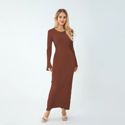 Casual Dresses- Women Ribbed Long Sleeve Dress with Back Tie- Reddish Coffee- IndioGear.com