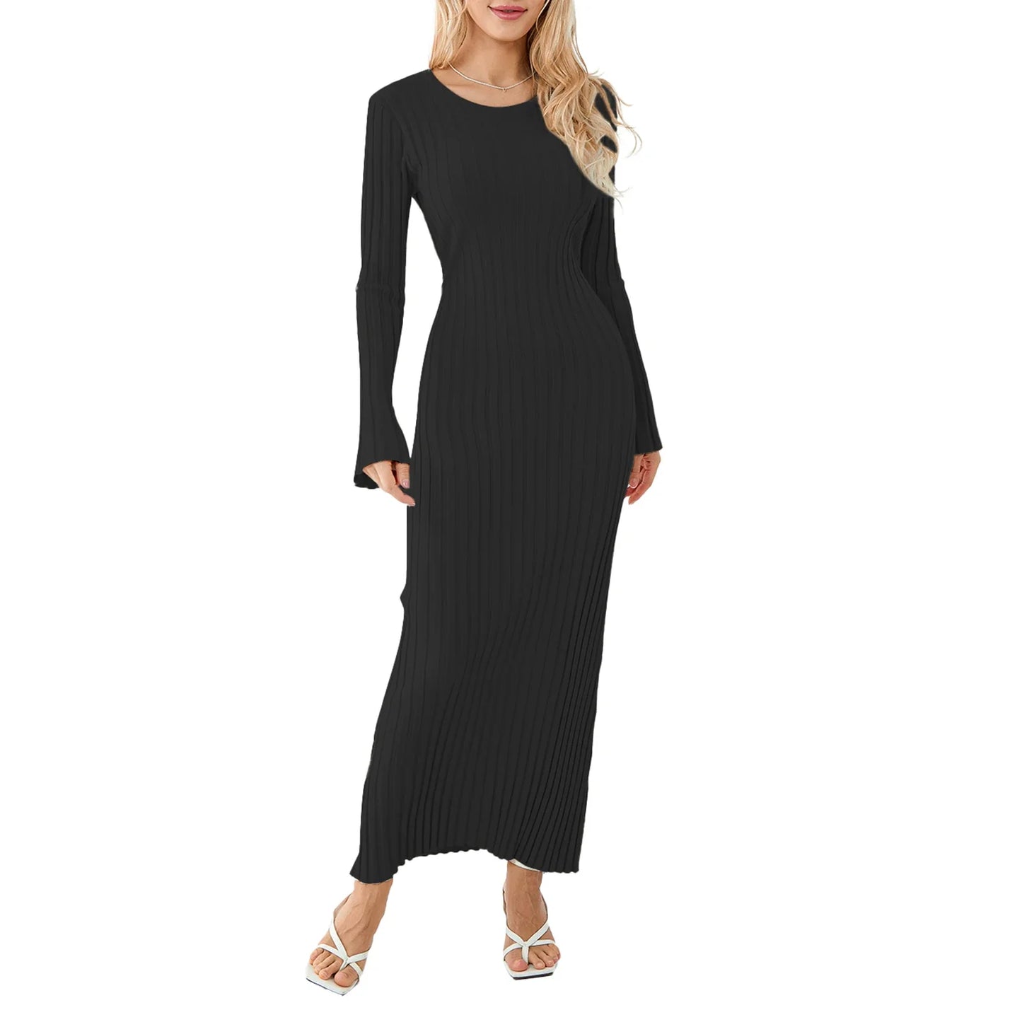 Casual Dresses- Women Ribbed Long Sleeve Dress with Back Tie- Black- IndioGear.com