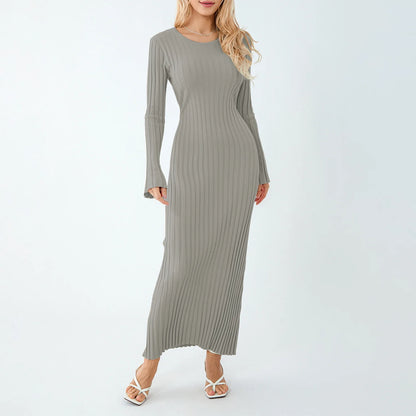 Casual Dresses- Women Ribbed Long Sleeve Dress with Back Tie- Light Gray- IndioGear.com