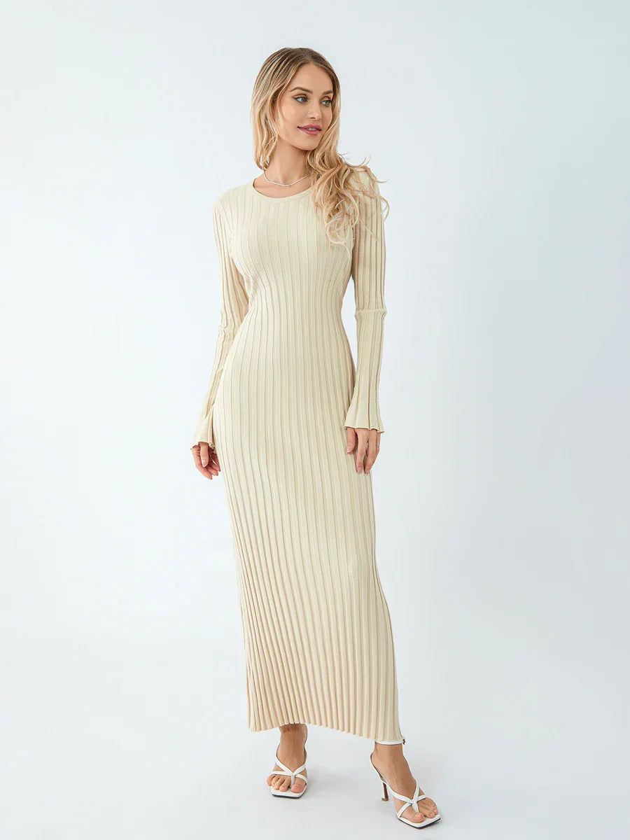 Casual Dresses- Women Ribbed Long Sleeve Dress with Back Tie- - IndioGear.com