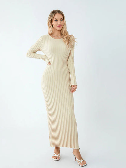 Casual Dresses- Women Ribbed Long Sleeve Dress with Back Tie- - IndioGear.com