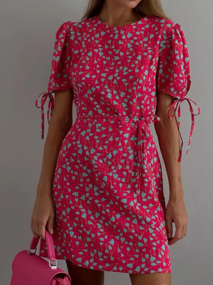 Casual Dresses- Women Teal and Yellow Floral Print Dress with Tie Sleeves- Pink- IndioGear.com