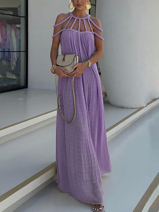 Casual Dresses- Women's Backless Maxi Dress with Braided Neck and Loose Tunic Fit- Purple- IndioGear Fashion and Gear