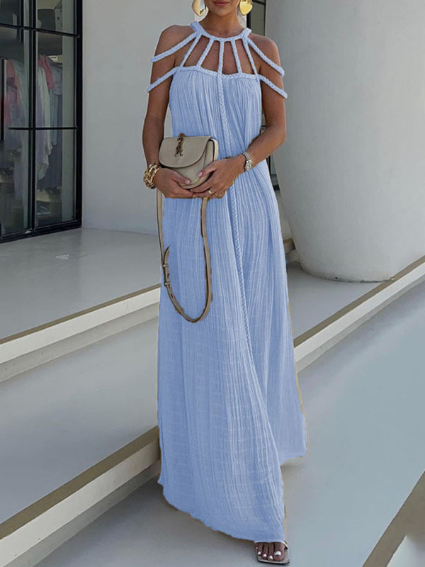 Casual Dresses- Women's Backless Maxi Dress with Braided Neck and Loose Tunic Fit- Clear blue- IndioGear Fashion and Gear