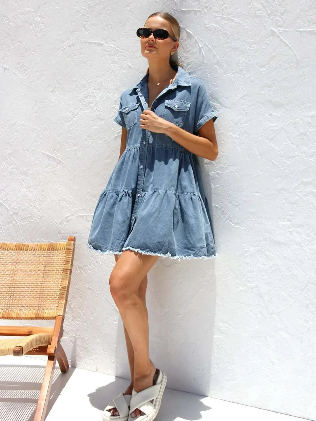 Casual Dresses- Women's Edgy Distressed Hem Denim Summer Dress- - IndioGear.com