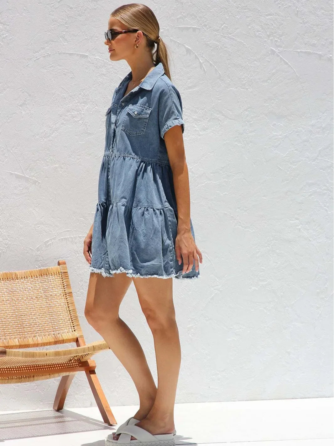 Casual Dresses- Women's Edgy Distressed Hem Denim Summer Dress- - IndioGear.com