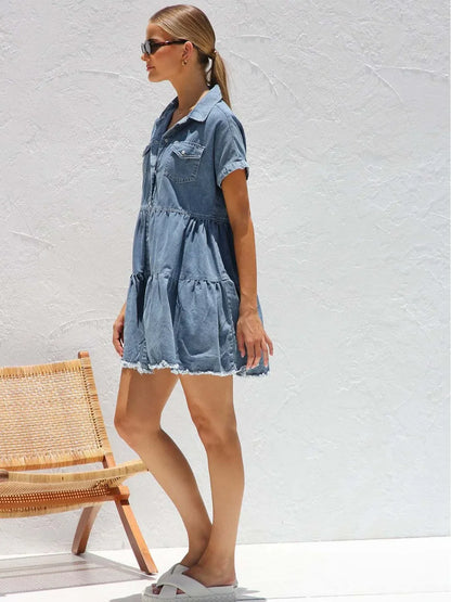 Casual Dresses- Women's Edgy Distressed Hem Denim Summer Dress- - IndioGear.com