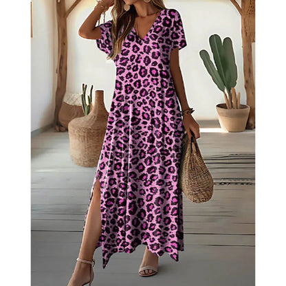 Casual Dresses- Women's Leopard Print Tunic Dress for Casual Outings & Picnics- - IndioGear.com