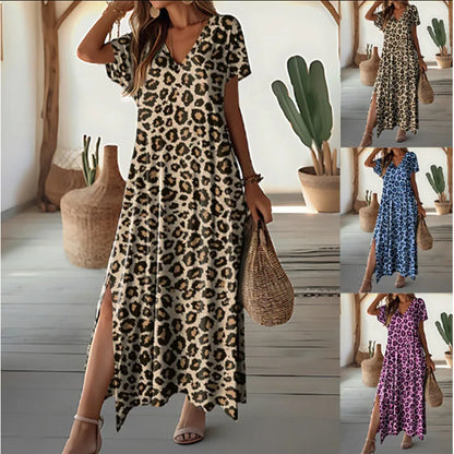 Casual Dresses- Women's Leopard Print Tunic Dress for Casual Outings & Picnics- - IndioGear.com