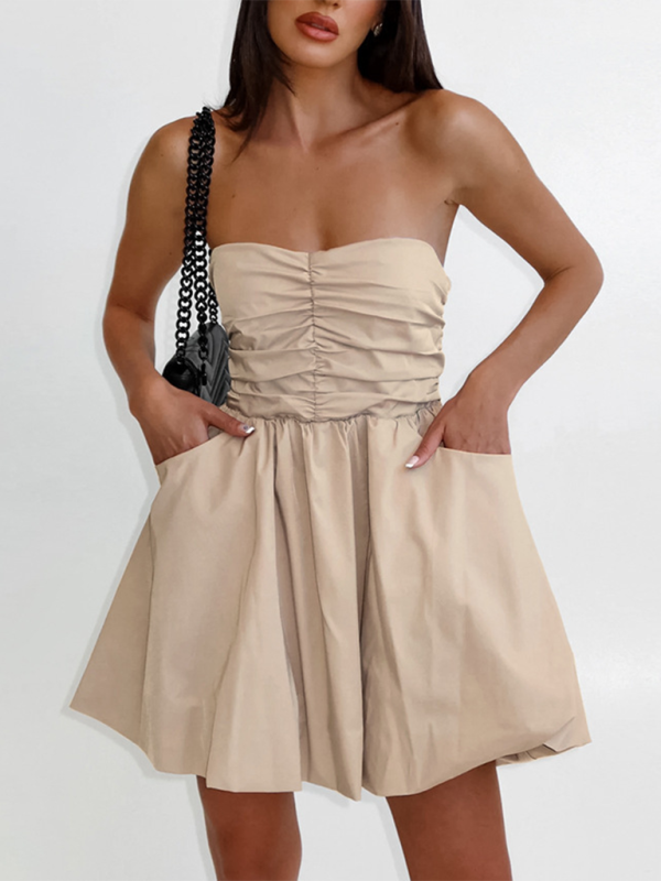 Casual Dresses- Women's Strapless Fit & Flare Mini Dress- Cracker khaki- IndioGear.com