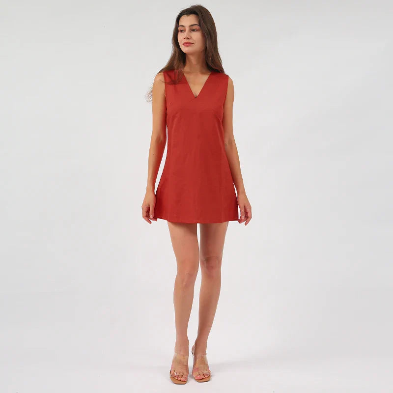 Casual Dresses- Women's V-Neck A-Line Mini Dress in Cotton Linen for Summer- - IndioGear Fashion and Gear