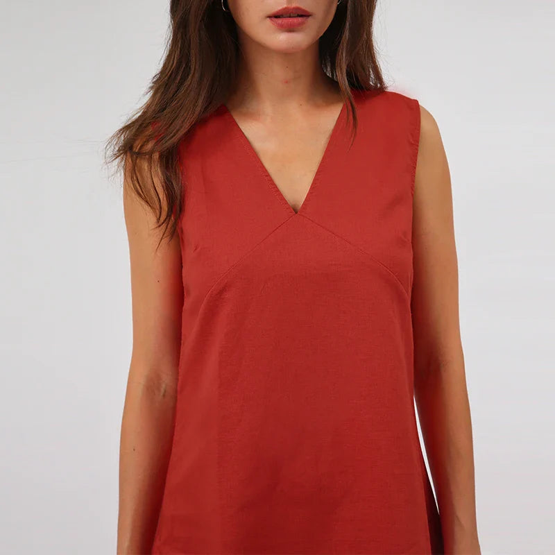 Casual Dresses- Women's V-Neck A-Line Mini Dress in Cotton Linen for Summer- - IndioGear Fashion and Gear