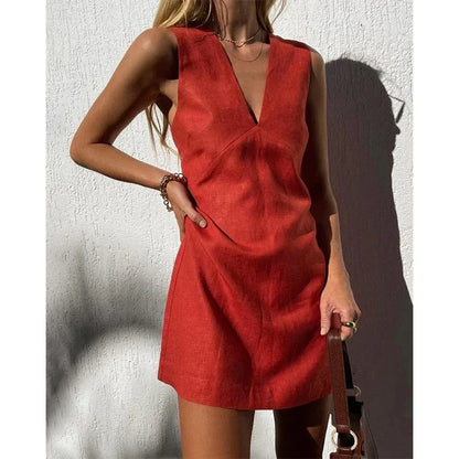 Casual Dresses- Women's V-Neck A-Line Mini Dress in Cotton Linen for Summer- Red- IndioGear Fashion and Gear