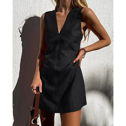 Casual Dresses- Women's V-Neck A-Line Mini Dress in Cotton Linen for Summer- Black- IndioGear Fashion and Gear