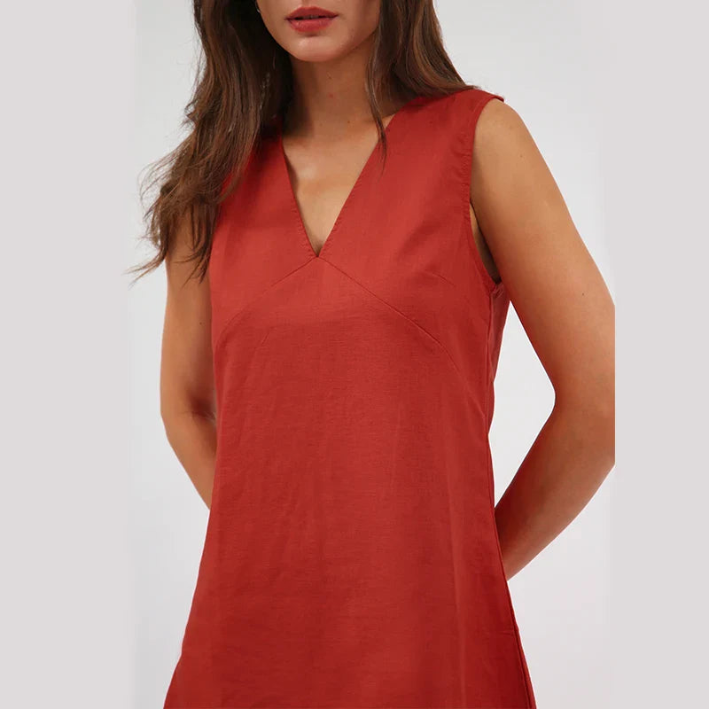 Casual Dresses- Women's V-Neck A-Line Mini Dress in Cotton Linen for Summer- - IndioGear Fashion and Gear