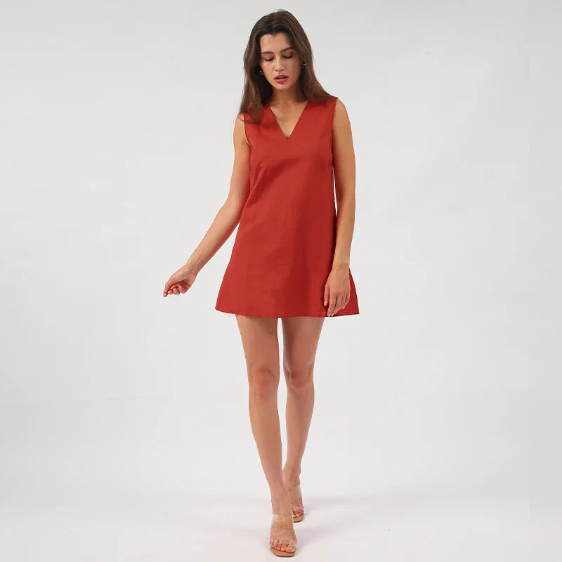 Casual Dresses- Women's V-Neck A-Line Mini Dress in Cotton Linen for Summer- - IndioGear Fashion and Gear