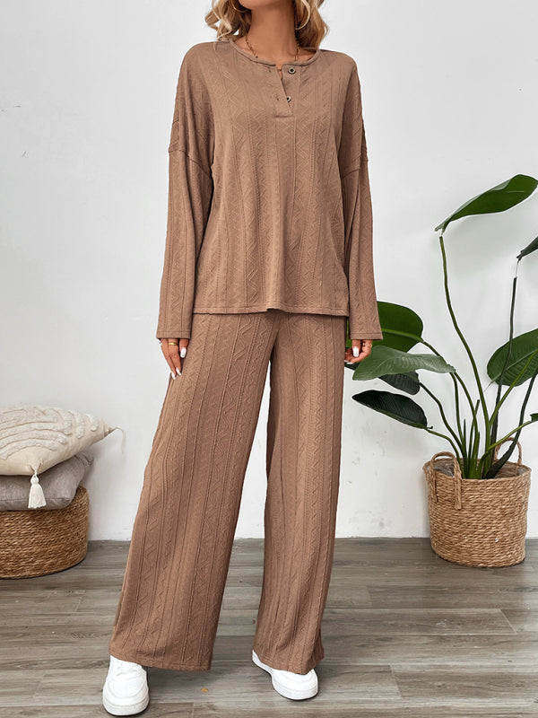 Casual Outfits- Casual Oversized Textured Set for Women Henley Top & Pants- - IndioGear Women Clothing