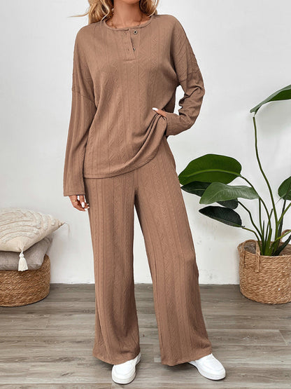 Casual Outfits- Casual Oversized Textured Set for Women Henley Top & Pants- - IndioGear Women Clothing