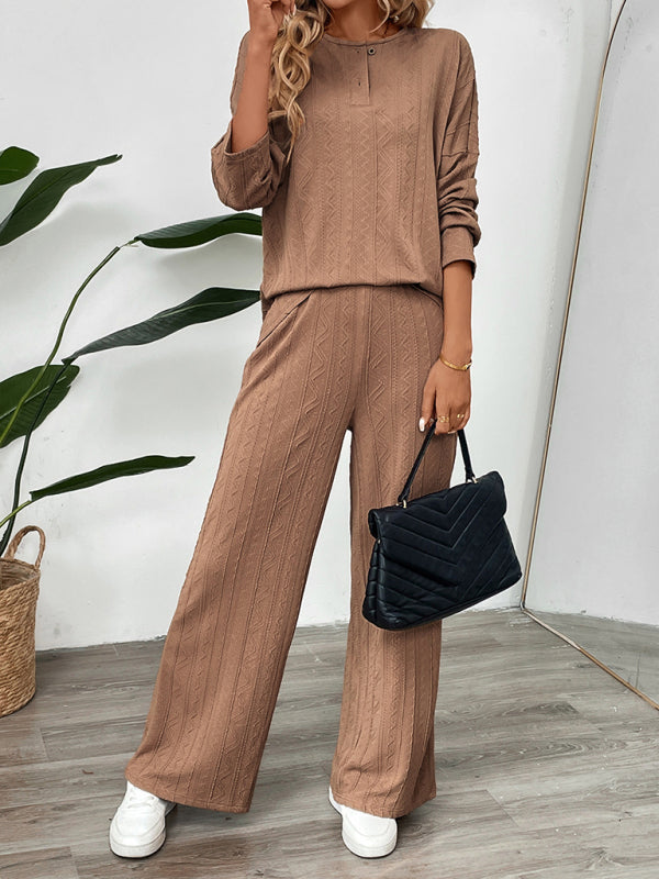 Casual Outfits- Casual Oversized Textured Set for Women Henley Top & Pants- - IndioGear Women Clothing