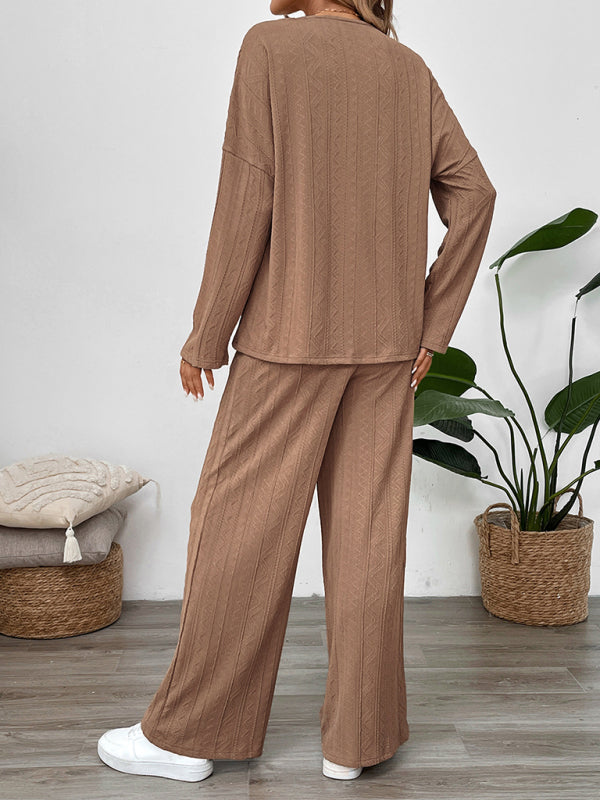 Casual Outfits- Casual Oversized Textured Set for Women Henley Top & Pants- - IndioGear Women Clothing