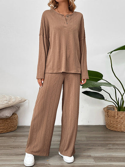 Casual Outfits- Casual Oversized Textured Set for Women Henley Top & Pants- Coffee- IndioGear Women Clothing