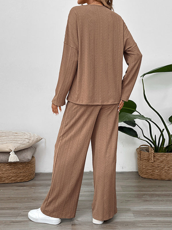 Casual Outfits- Casual Oversized Textured Set for Women Henley Top & Pants- - IndioGear Women Clothing