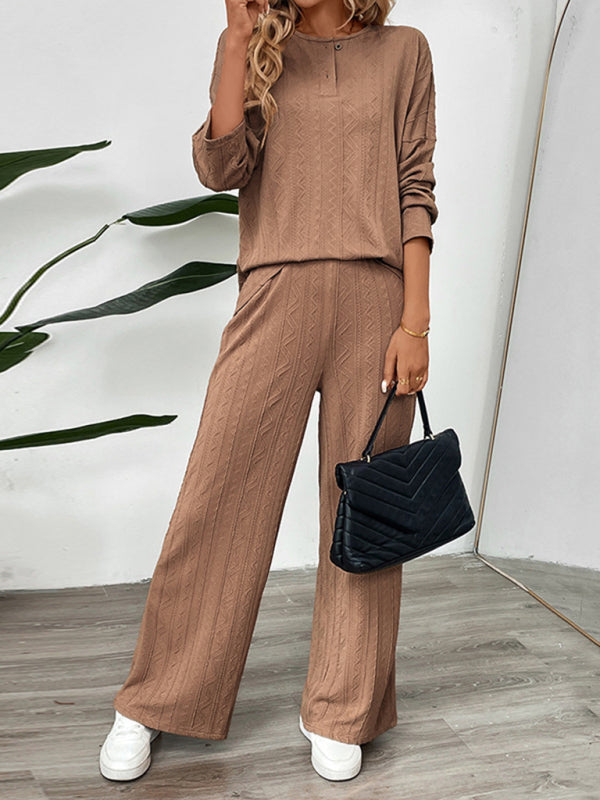 Casual Outfits- Casual Oversized Textured Set for Women Henley Top & Pants- - IndioGear Women Clothing