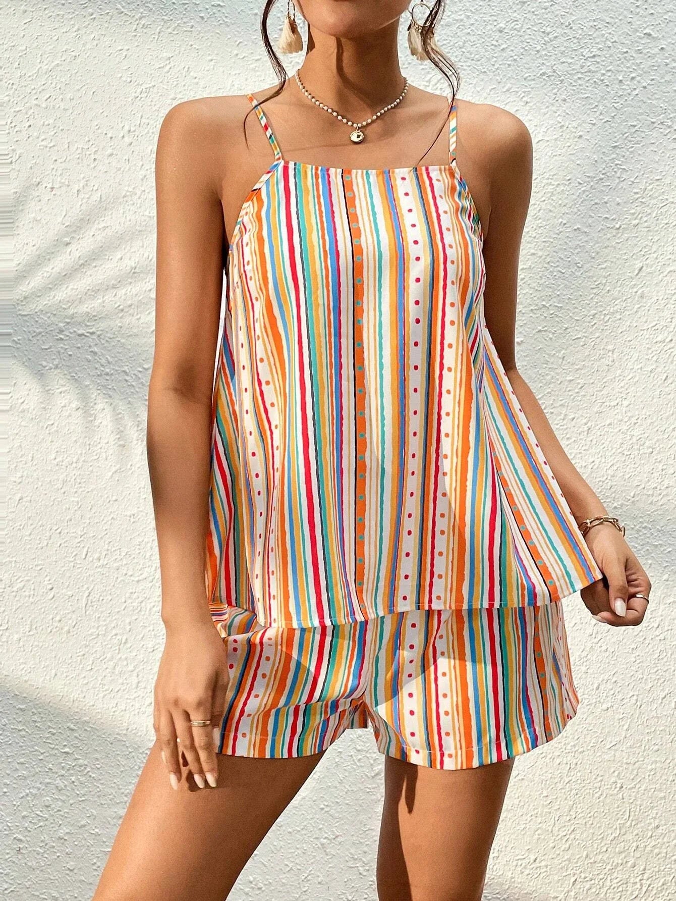 Casual Outfits- Colorful Stripes Cami & Shorts Set for Casual Outings- - IndioGear Women Clothing