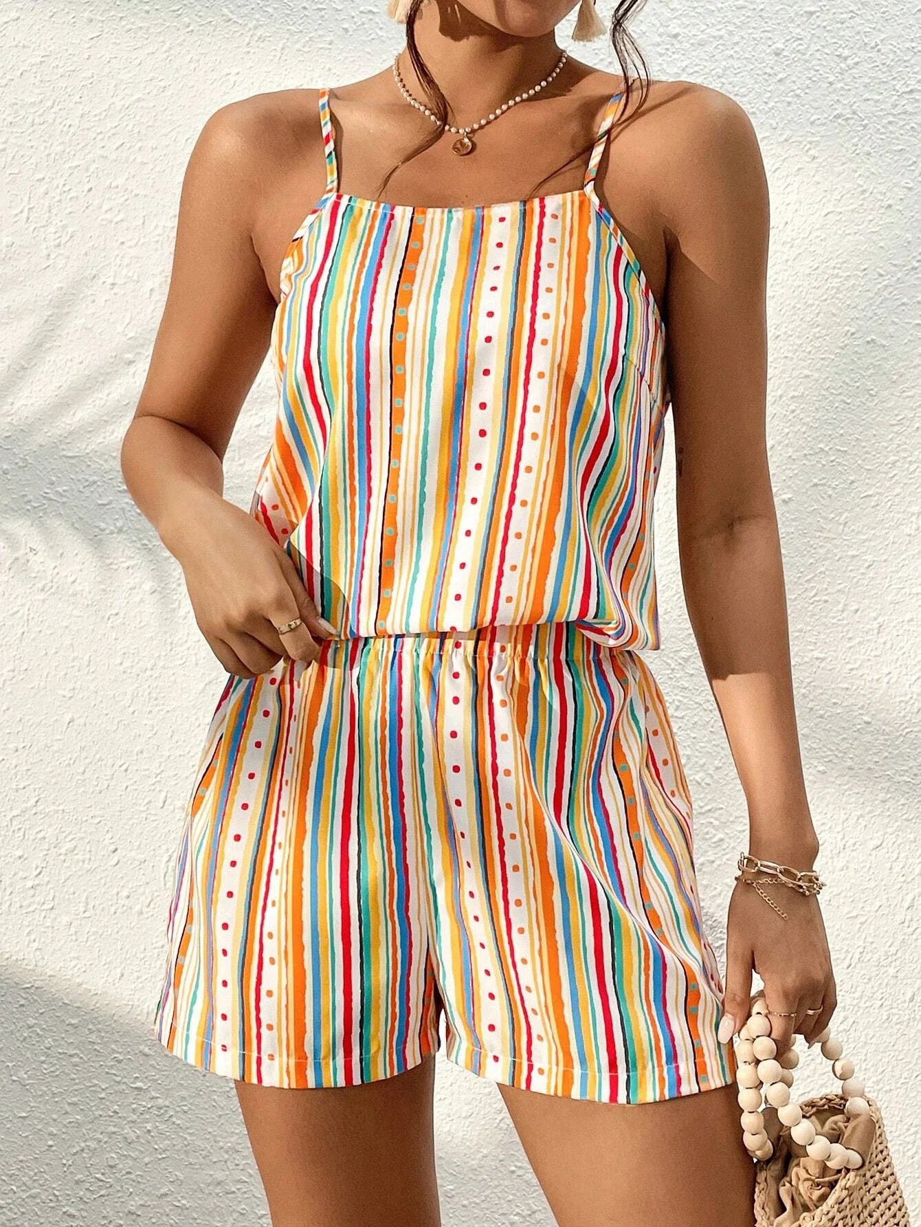 Casual Outfits- Colorful Stripes Cami & Shorts Set for Casual Outings- - IndioGear Women Clothing