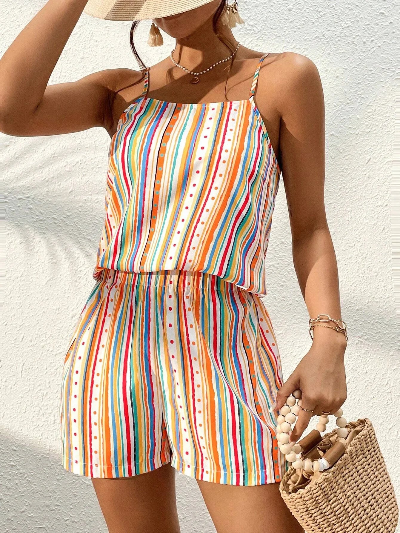 Casual Outfits- Colorful Stripes Cami & Shorts Set for Casual Outings- Multicolor- IndioGear Women Clothing