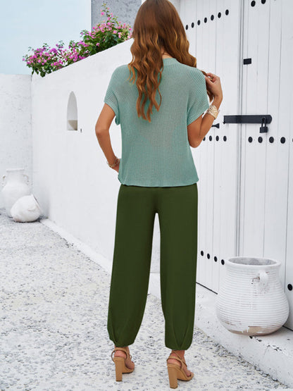 Casual Outfits- Relax Pencil Sweatpants & Knitting Tee - 2-Piece Lounge Set- - IndioGear Fashion and Gear