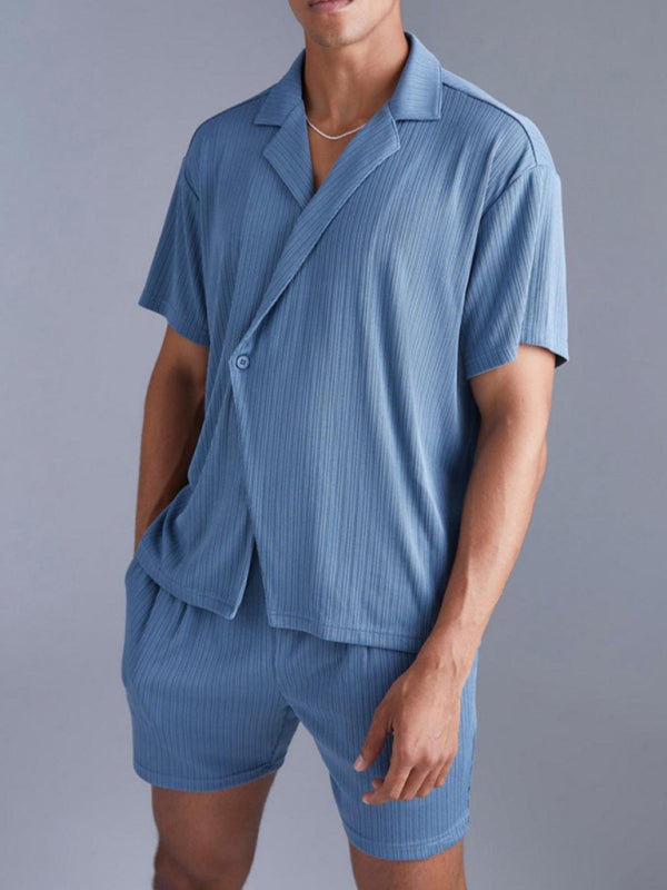 Textured Notch Shirt & Lounge Shorts Set for Men