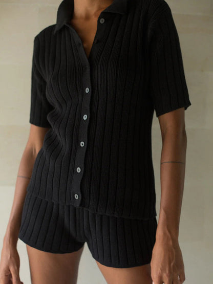 Casual Outfits- Summer Knitting Ribbed Lounge Set - Shorts & Shirt- Black- IndioGear Fashion and Gear