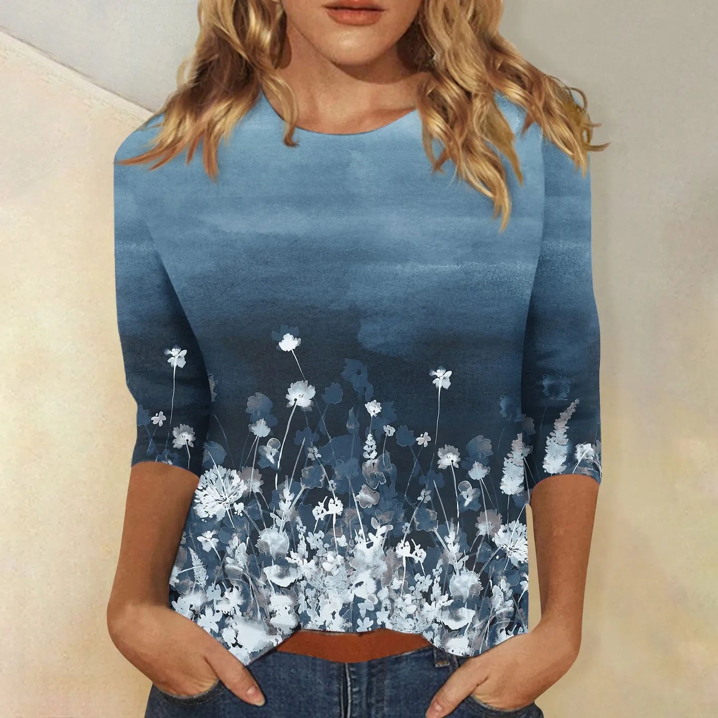 Casual Tees- Casual 3/4 Sleeve Floral Print Galore Pullover Top- Dark Blue- IndioGear.com