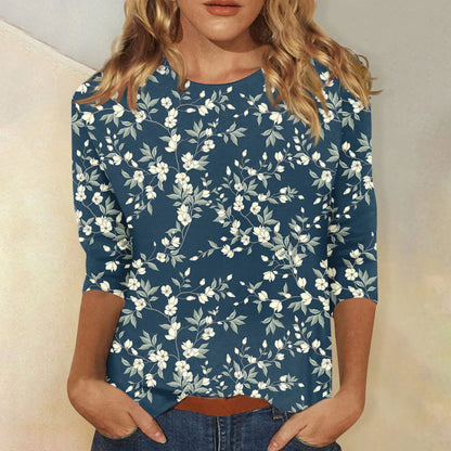 Casual Tees- Casual 3/4 Sleeve Floral Print Galore Pullover Top- Green- IndioGear.com